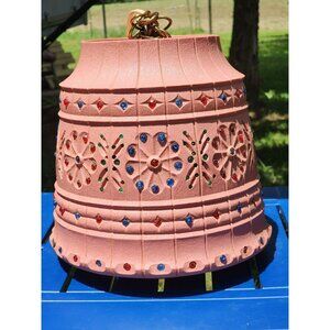 Vintage 70s Pink Hanging Lawnware Lamp With Multicolor Glass Accents Brass Chain
